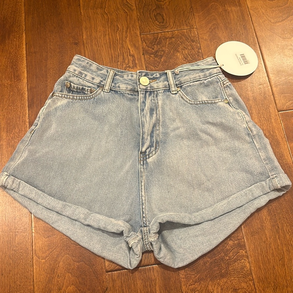 High Waisted Gun Barrel City Shorts, Pale Blue, Never Worn